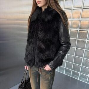 Vintage Black Fur Leather Jacket Y2K Grunge Gothic Indie Sleaze Penny Lane